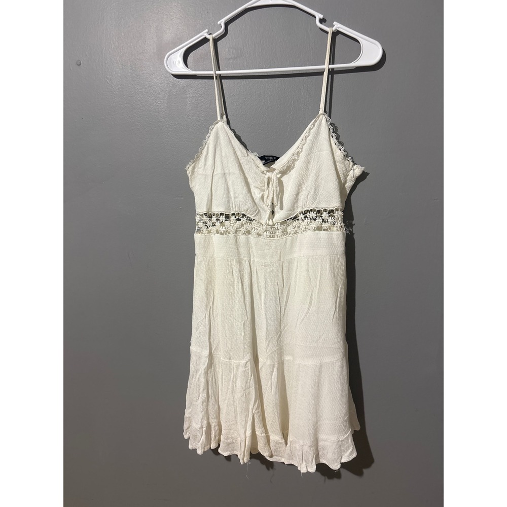 Forever 21 White Lace Trim Crochet Waist Tiered Ruffle Mini Dress Medium